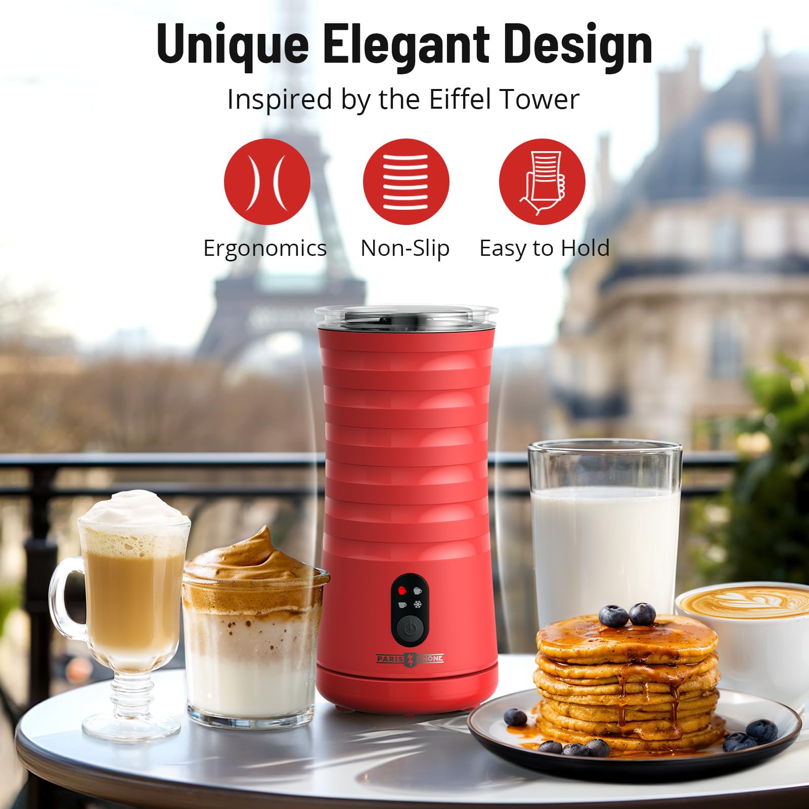 Paris Rhône 4-in-1 frother offers multiple froth levels for hot or cold foam
