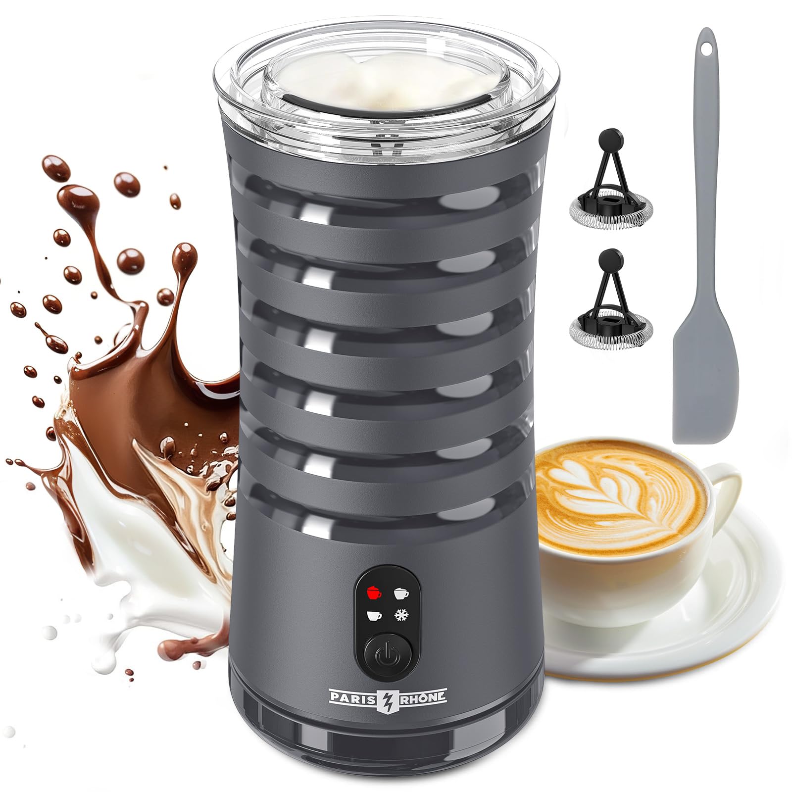 Paris Rhône Milk Frother front view shows elegant design for everyday use.