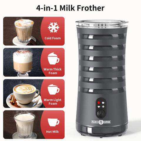 Paris Rhône Milk Frother hot-foam mode delivers creamy texture for cappuccinos.