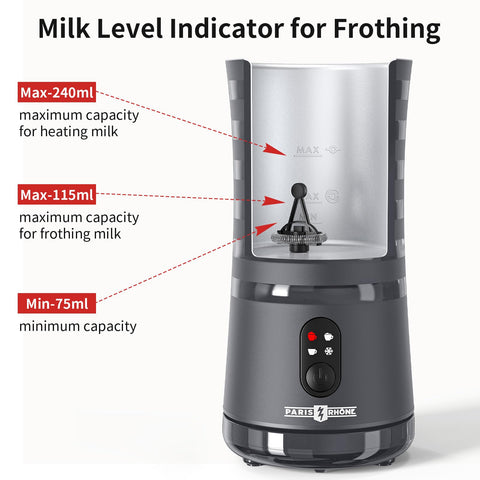 Paris Rhône Milk Frother LED indicators guide mode for quick frothing.