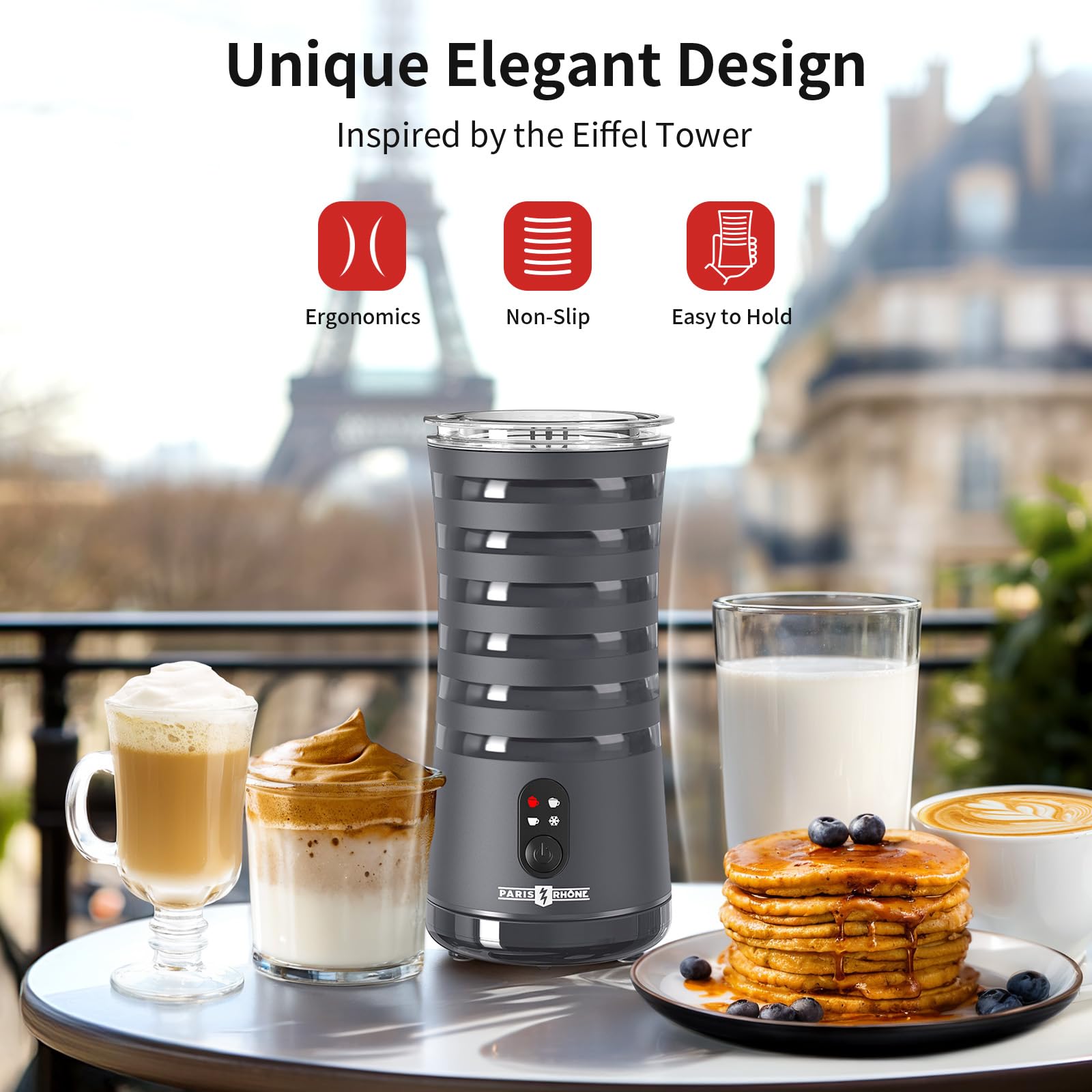 Paris Rhône Milk Frother on countertop highlights compact, stylish addition to mornings.