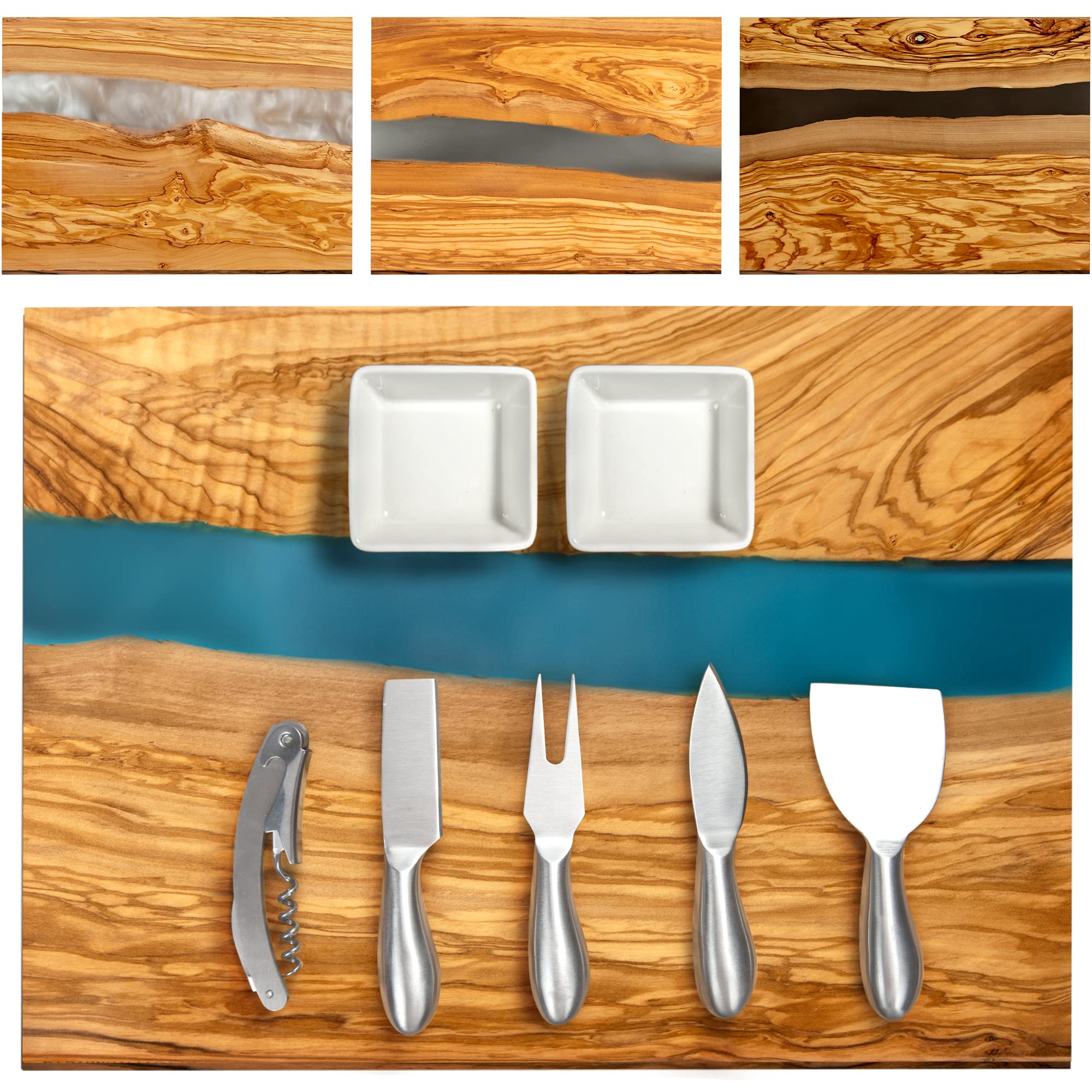 Parkway Home olive wood cheese board with blue resin art for elegant entertaining.