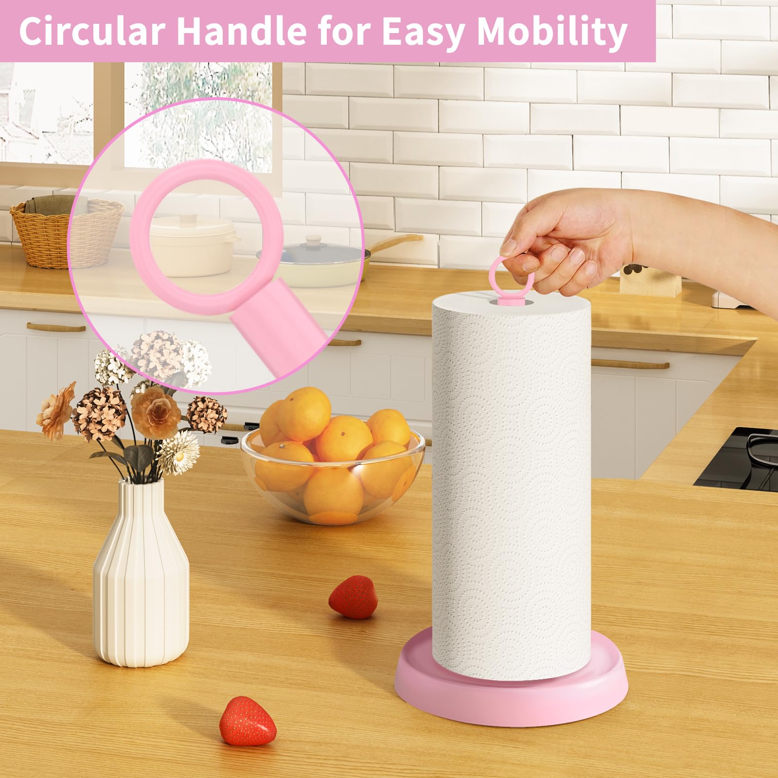 PAROTO pink paper towel holder ring handle shows easy-to-move design during cooking tasks