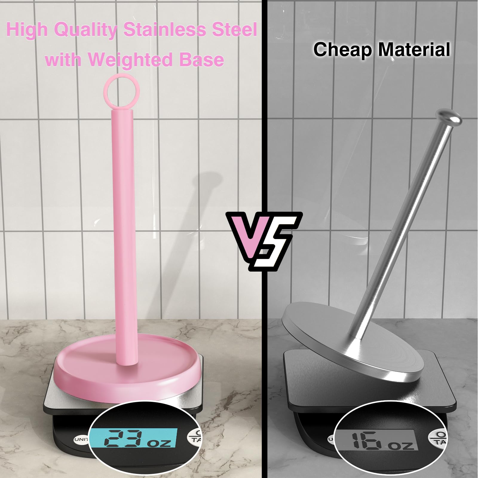 PAROTO pink paper towel holder wide base detail emphasizes stable counter support