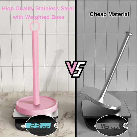 PAROTO pink paper towel holder wide base detail emphasizes stable counter support