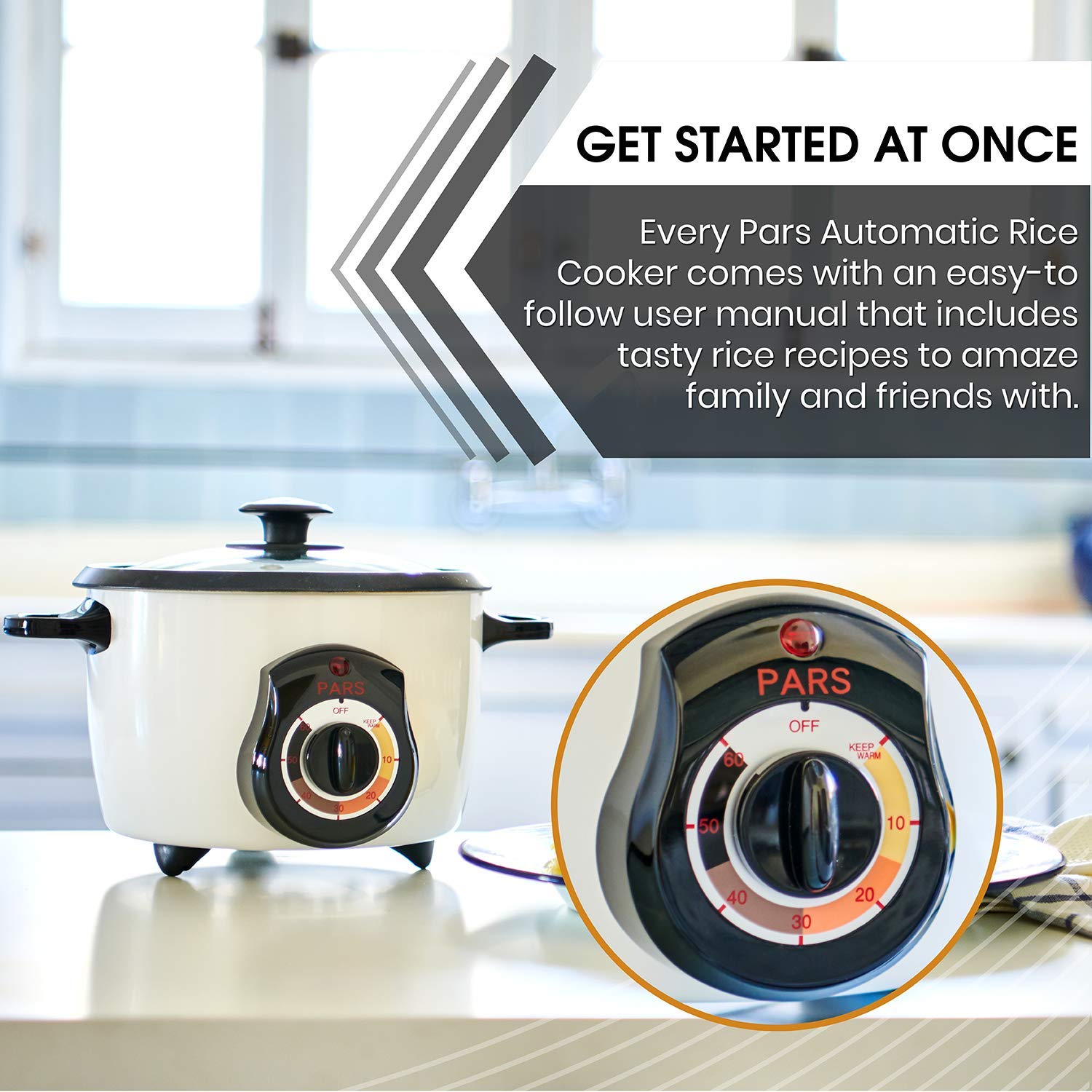 Pars 3 Cup Rice Cooker stainless finish offers easy cleanup after meals