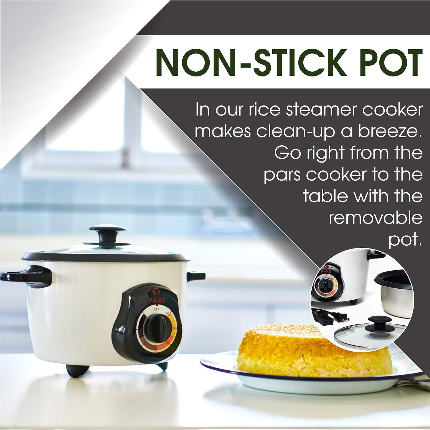 Pars 3 Cup Rice Cooker inner pot for even heat and easy cleanup