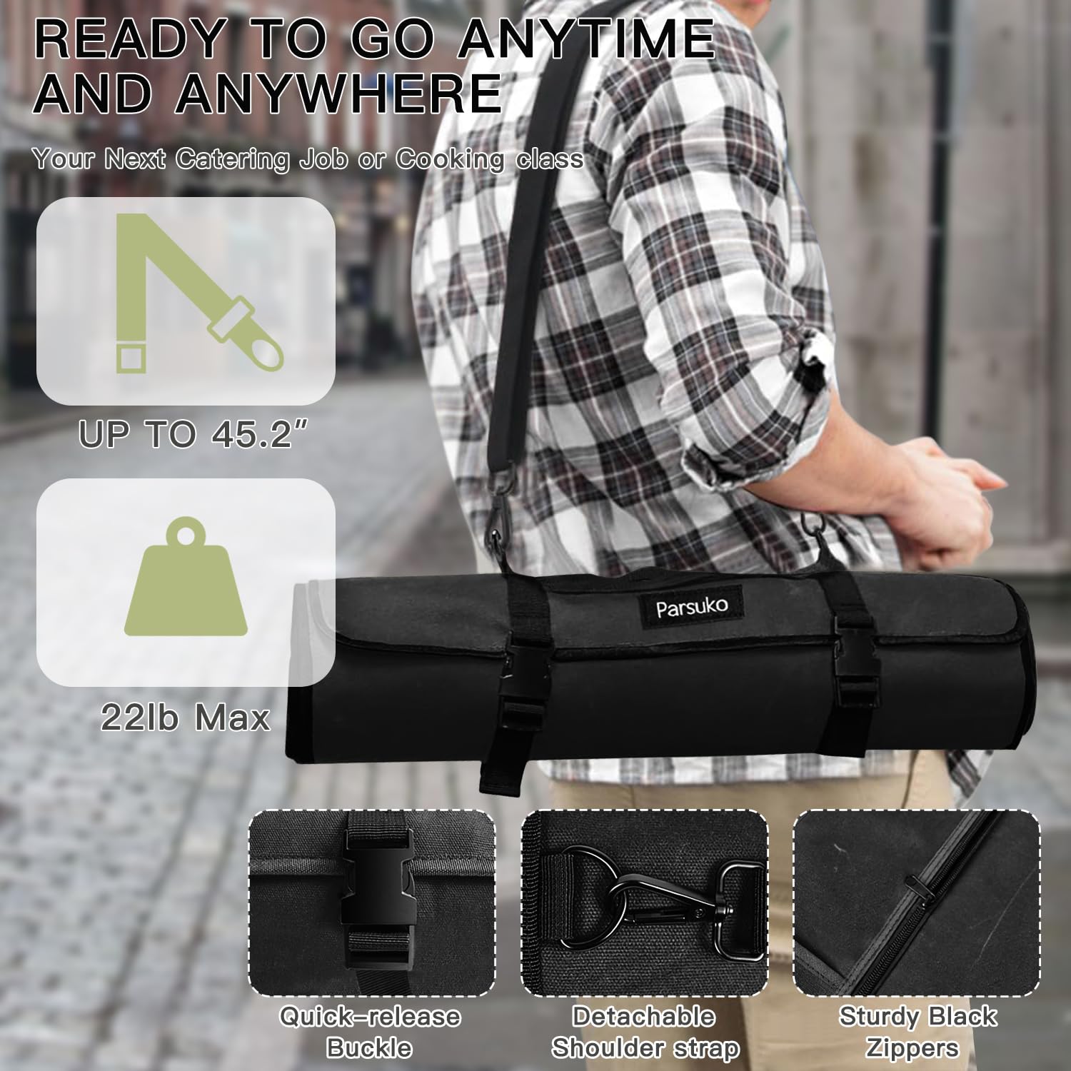 Parsuko Chef Knife Roll Bag worn as backpack for hands-free culinary travel.