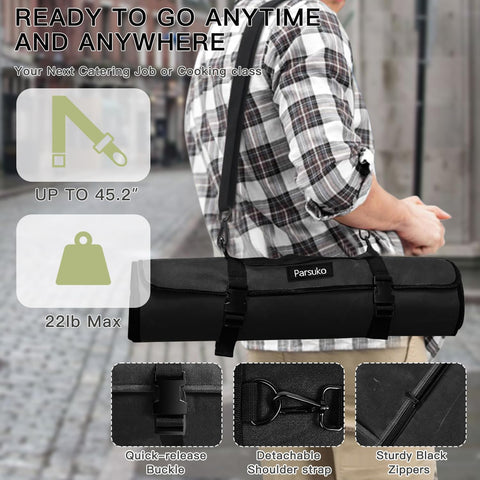 Parsuko Chef Knife Roll Bag worn as backpack for hands-free culinary travel.