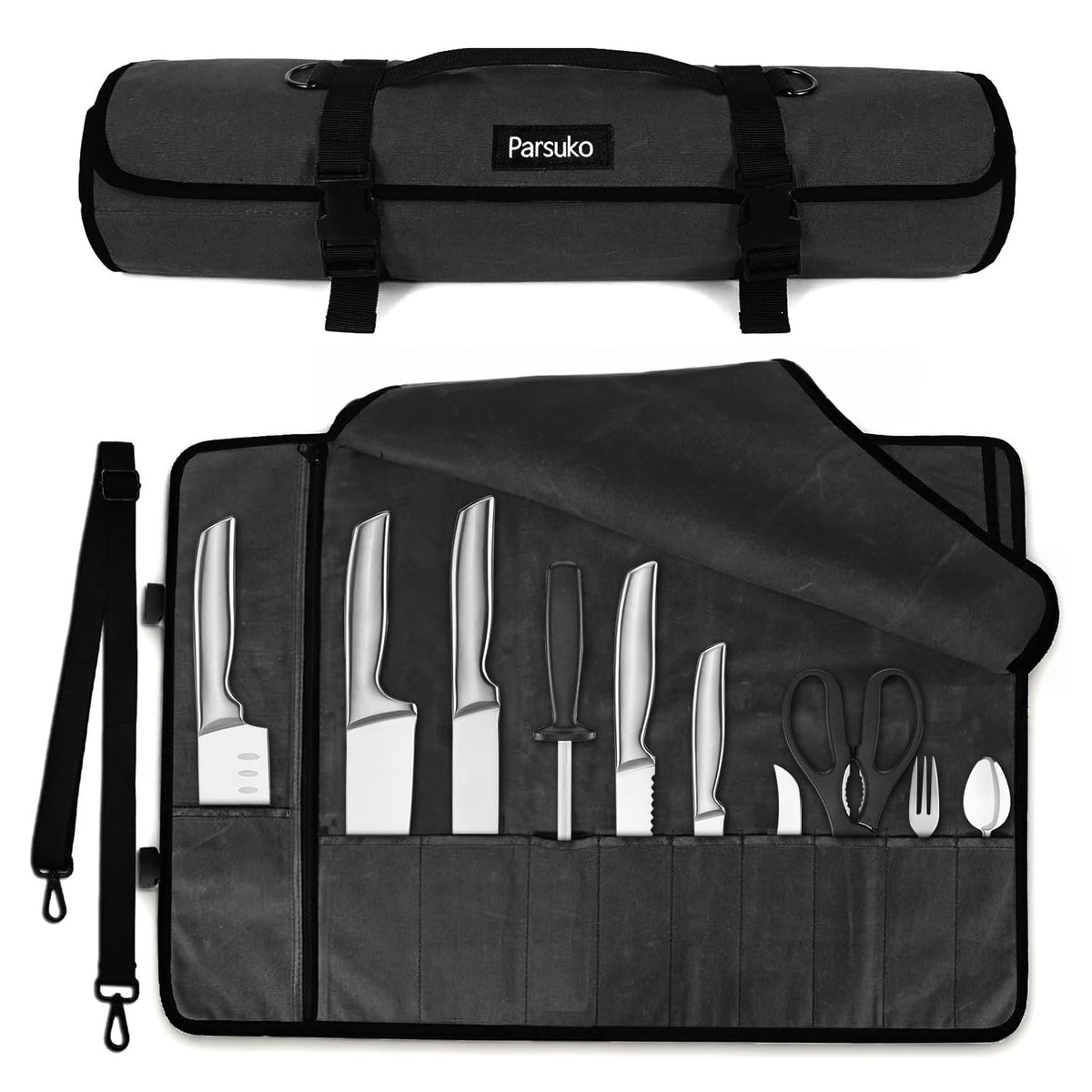 Parsuko Chef Knife Roll Bag open compartment showing organized blades for quick access.