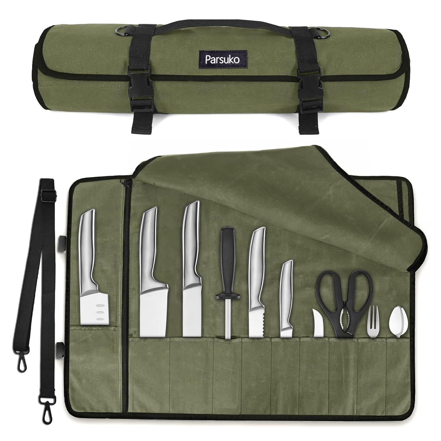 Parsuko chef knife roll bag open view with organized knife slots for quick access