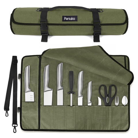 Parsuko chef knife roll bag open view with organized knife slots for quick access
