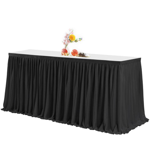 PARTISKY black table skirt 6ft 72in frames a polished event table.
