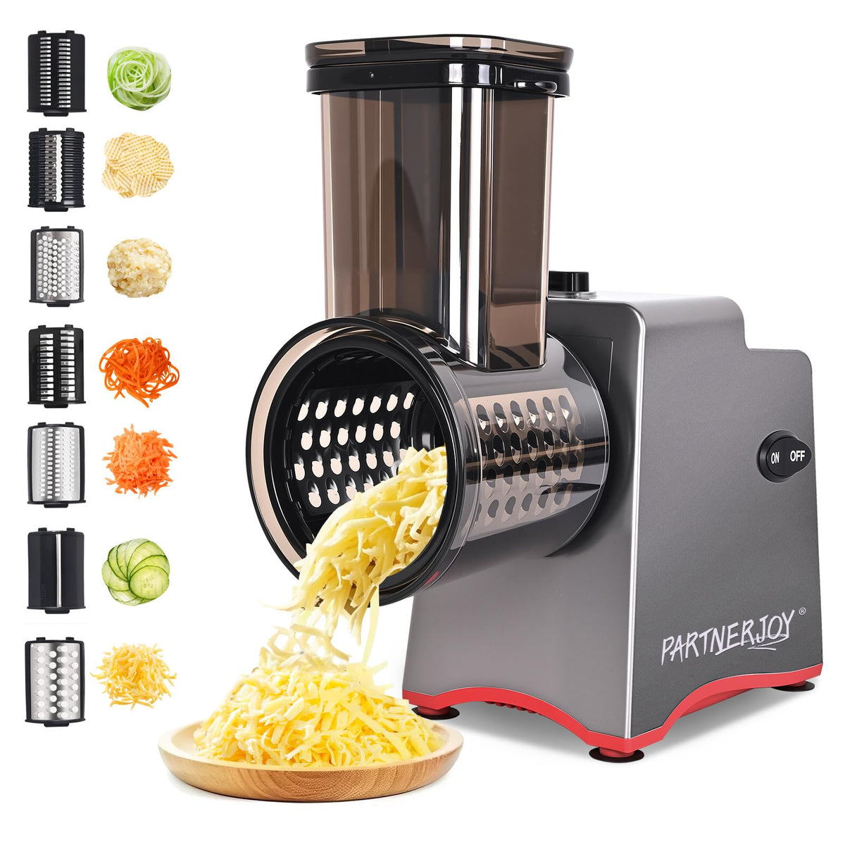 PARTNERJOY 7-in-1 electric cheese grater motor in action for fast ingredient prep