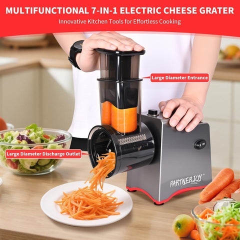 PARTNERJOY electric cheese grater thick wire blade demonstrating shredding capability