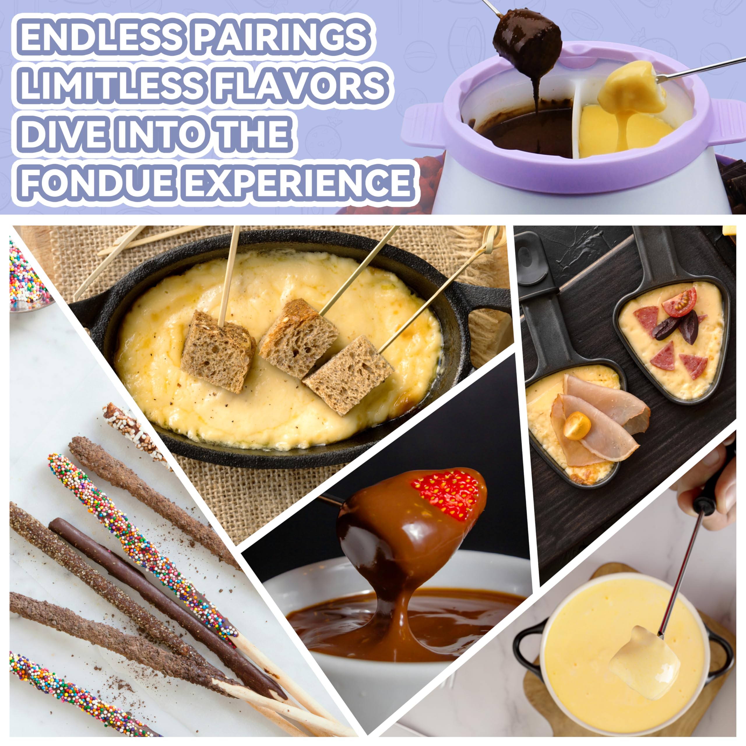 Party Desserts included fondue forks enable precise dipping of fruits and treats.