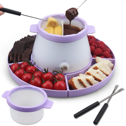 Party Desserts electric fondue pot with dual pots for customizable chocolate flavors.