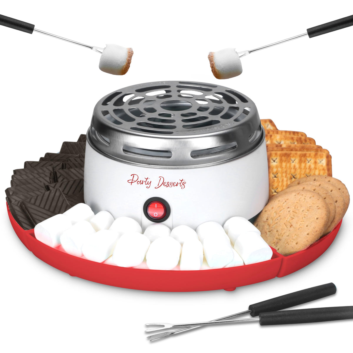 Party Desserts electric s'mores maker front view with four detachable compartments for sharing.