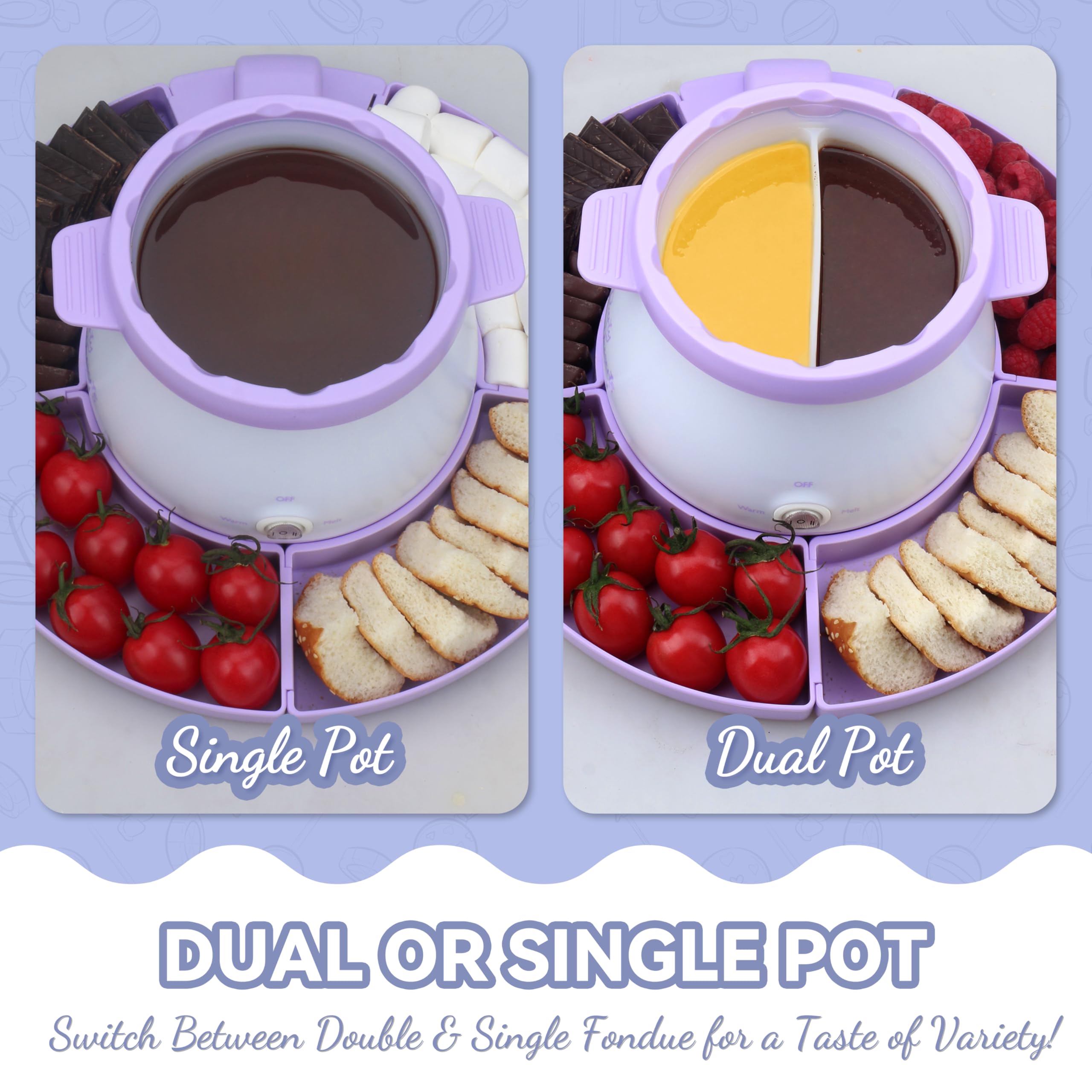 Party Desserts melting base delivers stable, even heat for fondue sessions.