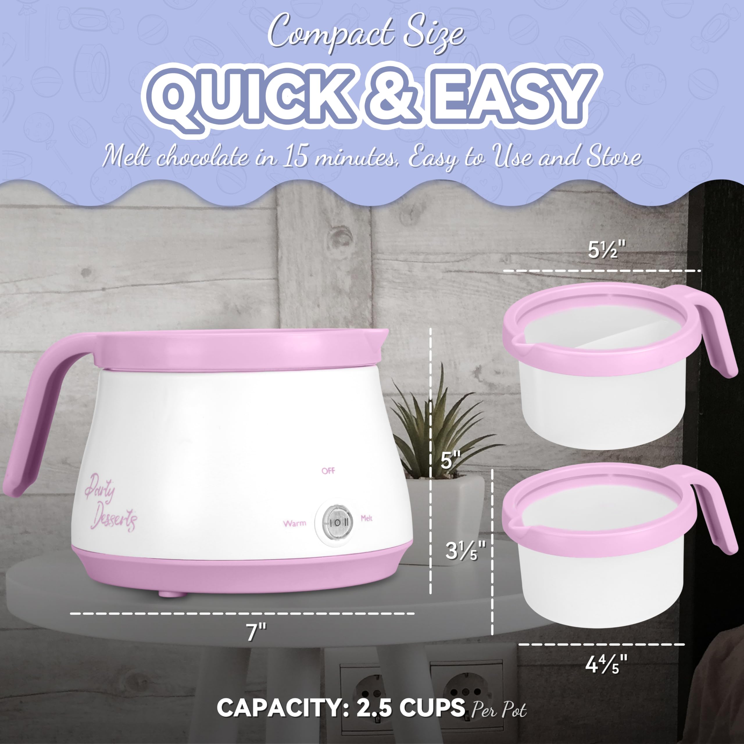 Party Desserts pour-spout melting pot allows precise decorating and drizzle.