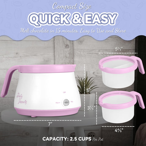 Party Desserts pour-spout melting pot allows precise decorating and drizzle.