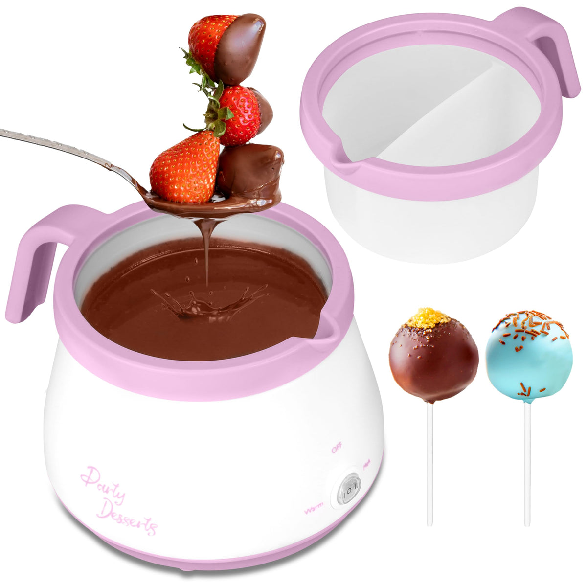 Party Desserts two-pots melting pot enables quick melts for dipping treats.