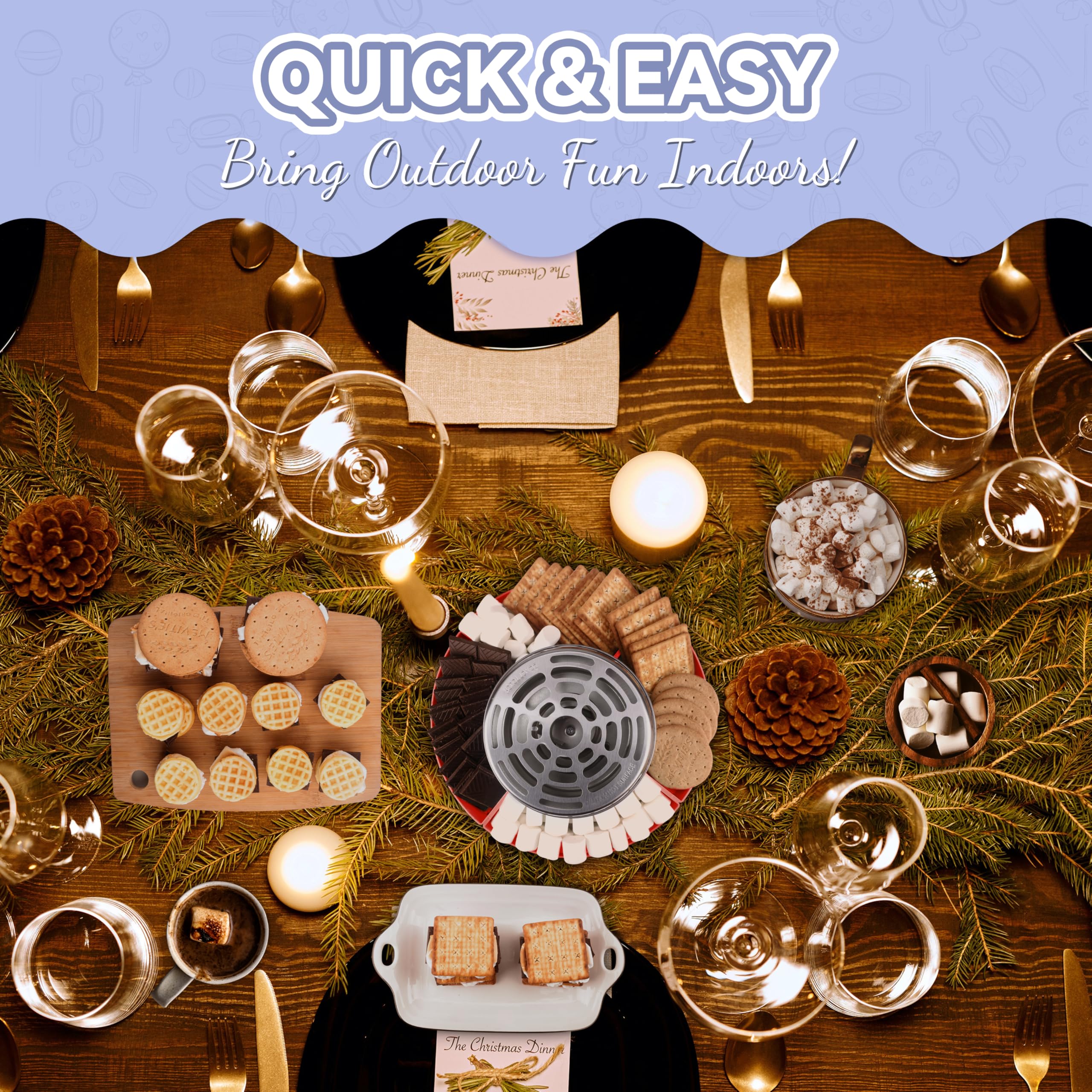 Party Desserts roasting forks and heater in tabletop setup for indoor fun.