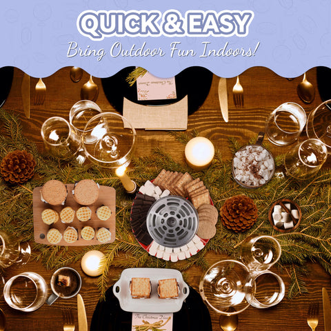Party Desserts roasting forks and heater in tabletop setup for indoor fun.