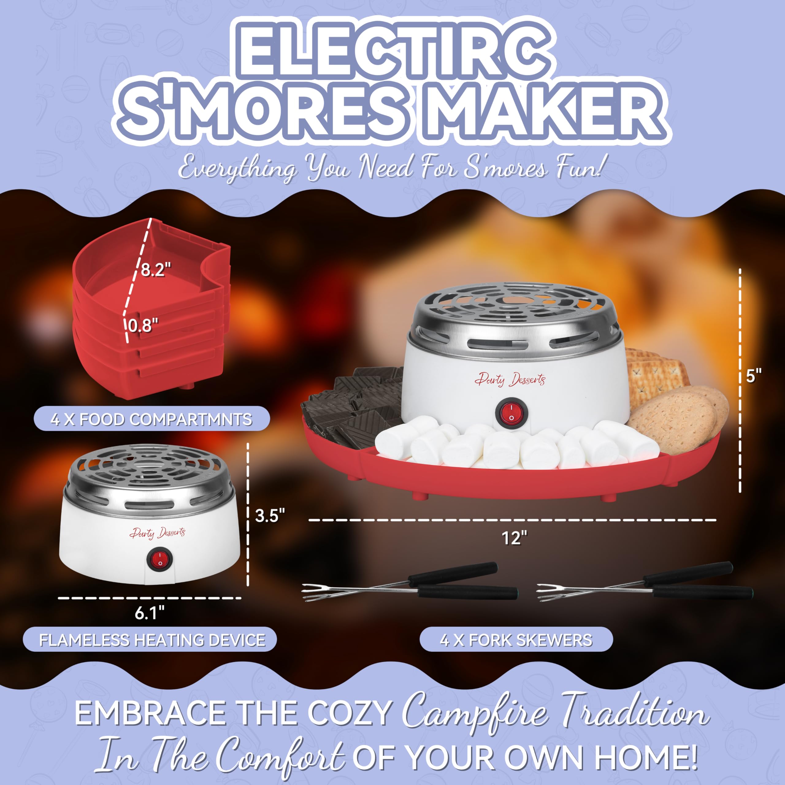 Party Desserts indoor s'mores maker heater glow creating cozy ambiance.