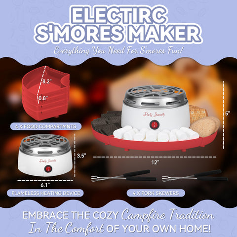 Party Desserts indoor s'mores maker heater glow creating cozy ambiance.