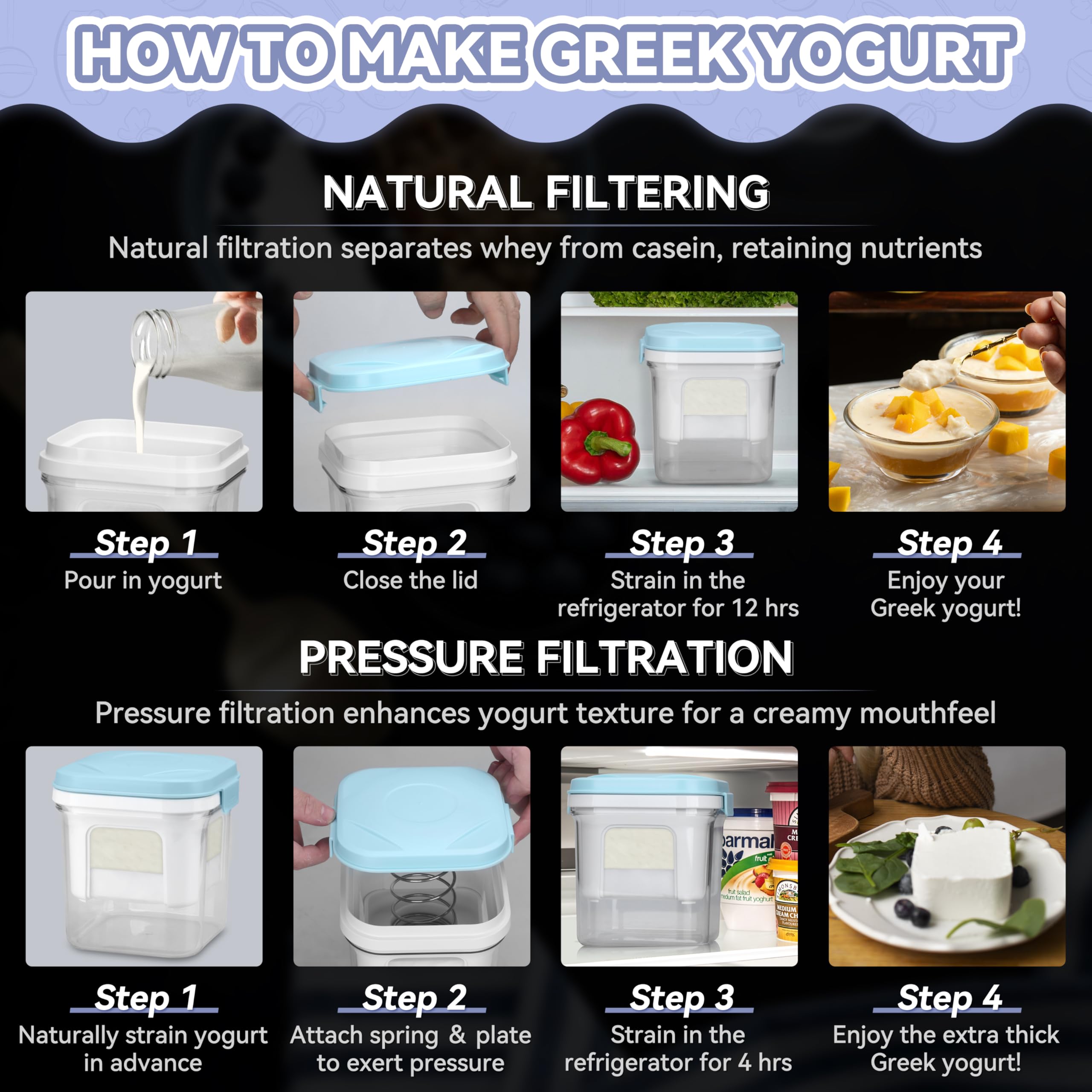 Party Desserts Ultra-fine mesh filter ensures thorough whey separation