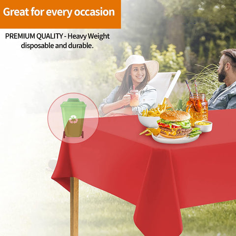 Party Dimensions premium red plastic tablecloth suited for celebrations.