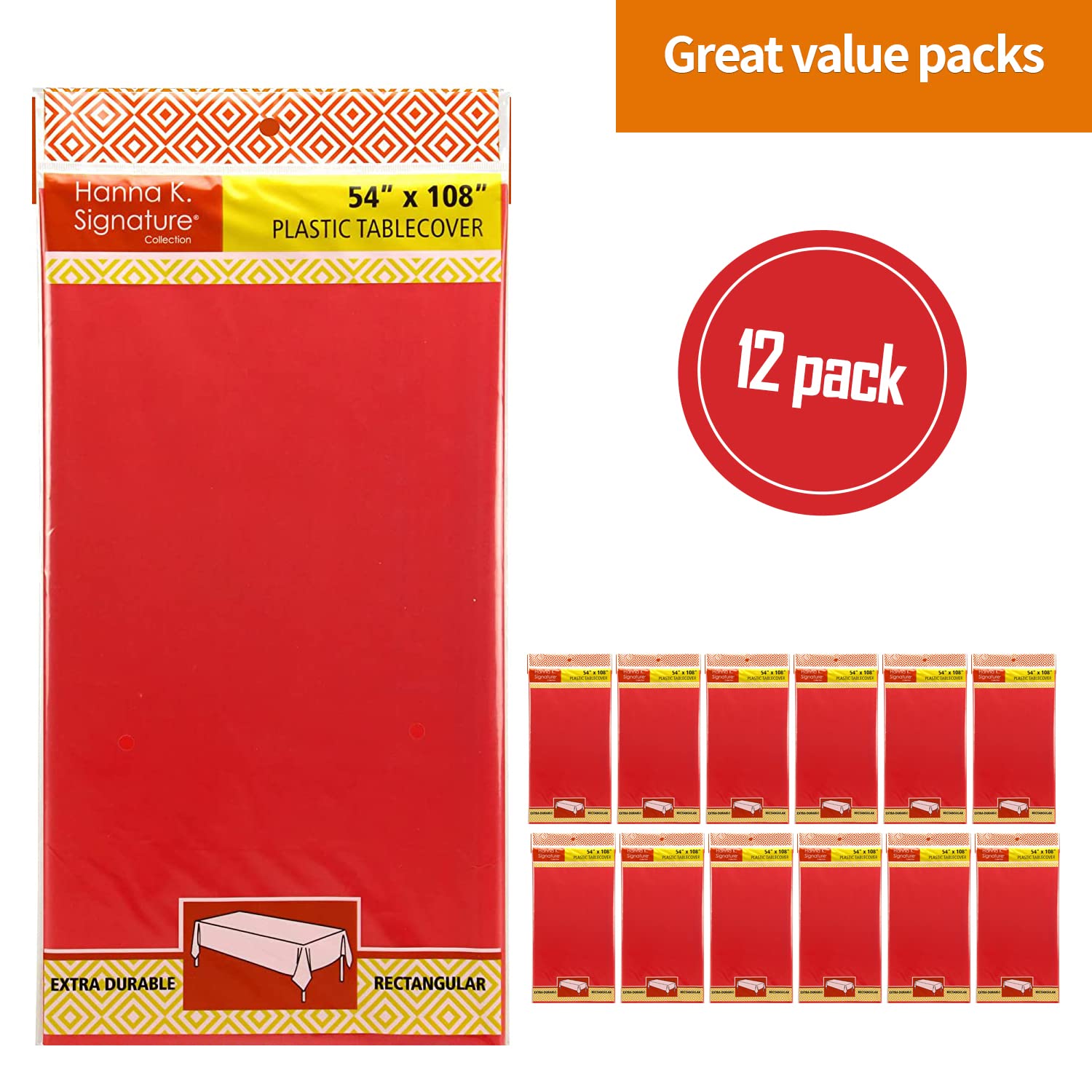 Party Dimensions red rectangle tablecloth on a dining table for events.