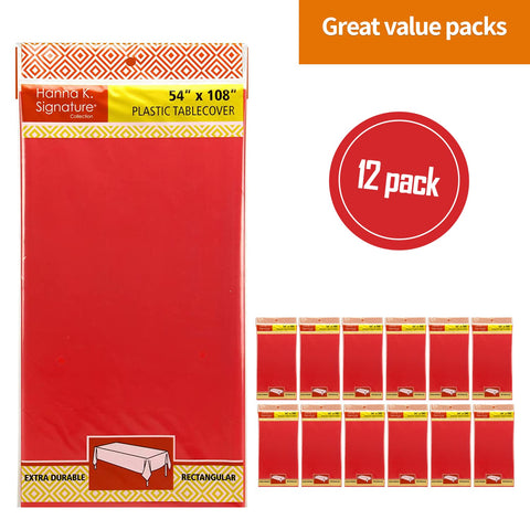 Party Dimensions red rectangle tablecloth on a dining table for events.
