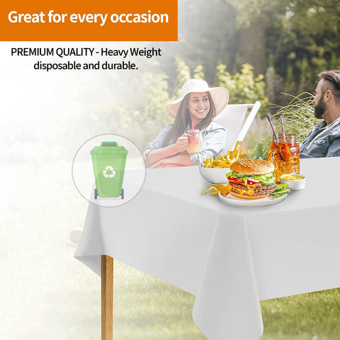 Party Dimensions white rectangle tablecloth budget-friendly party cover for large events.