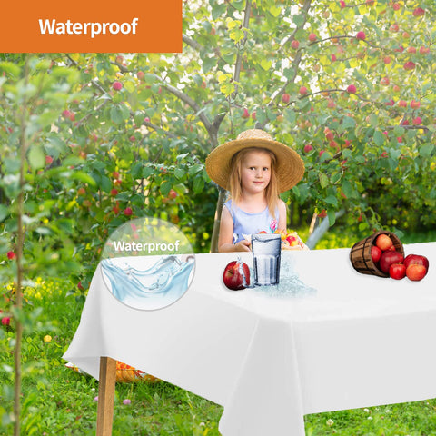 Party Dimensions white tablecloth indoor-outdoor use, versatile for any venue.