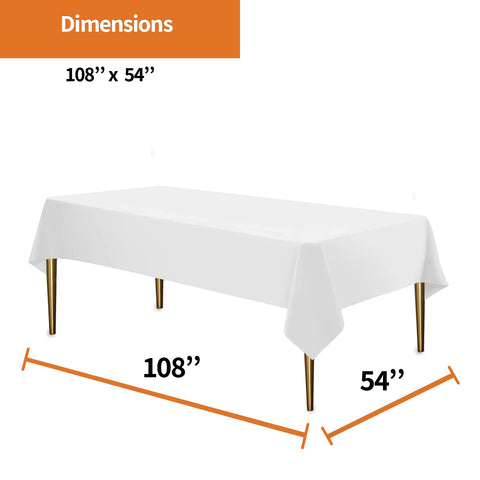 Party Dimensions white disposable tablecloth on-table view, keeps surfaces clean during events.