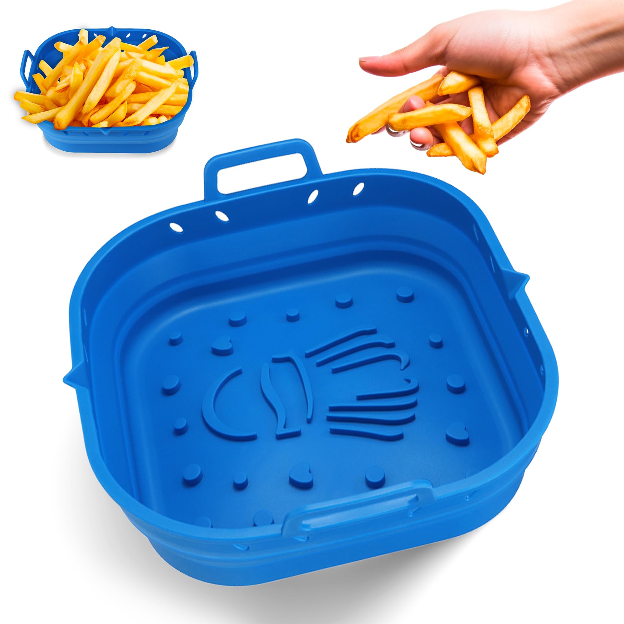 Party Port platinum silicone air fryer liner, 9-inch square, for even cooking.