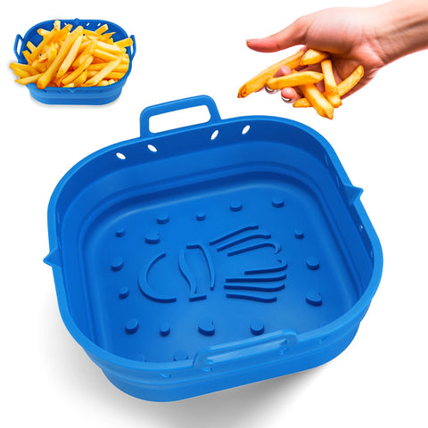 Party Port platinum silicone air fryer liner, 9-inch square, for even cooking.