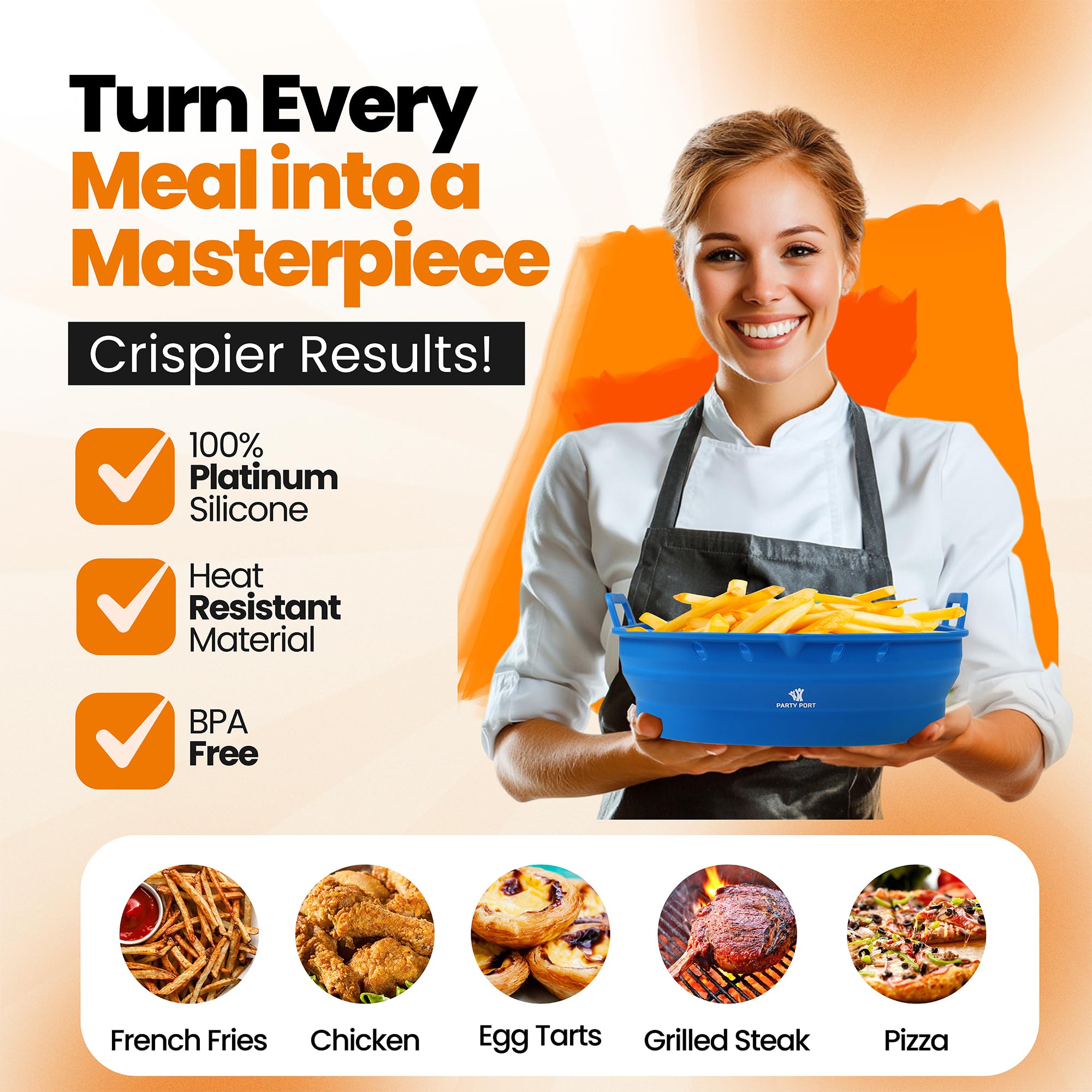 Party Port raised dots and chef hat texture improve hot air flow for crisper results.