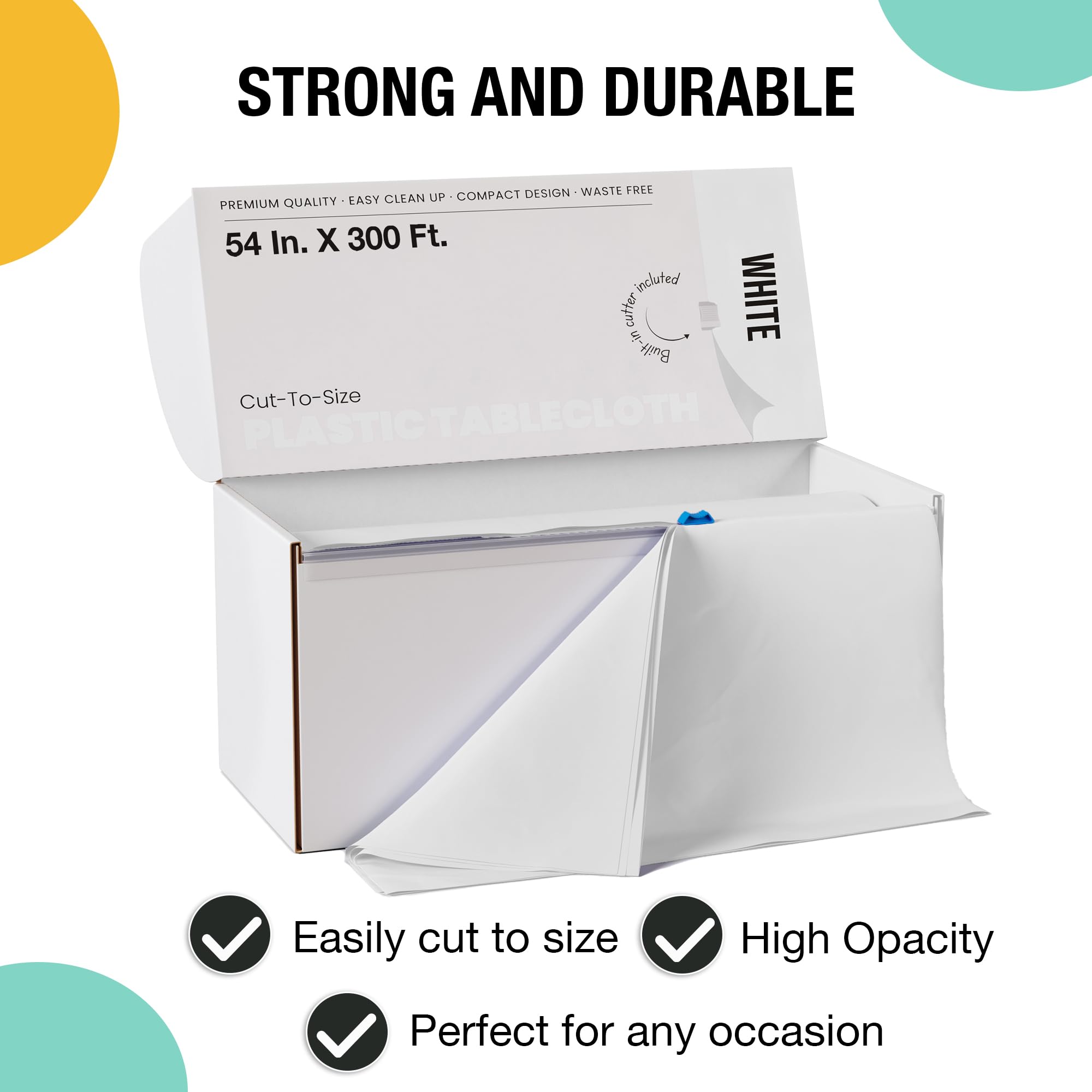 Party Solids disposable tablecloth roll packed in a portable box for on-site use.