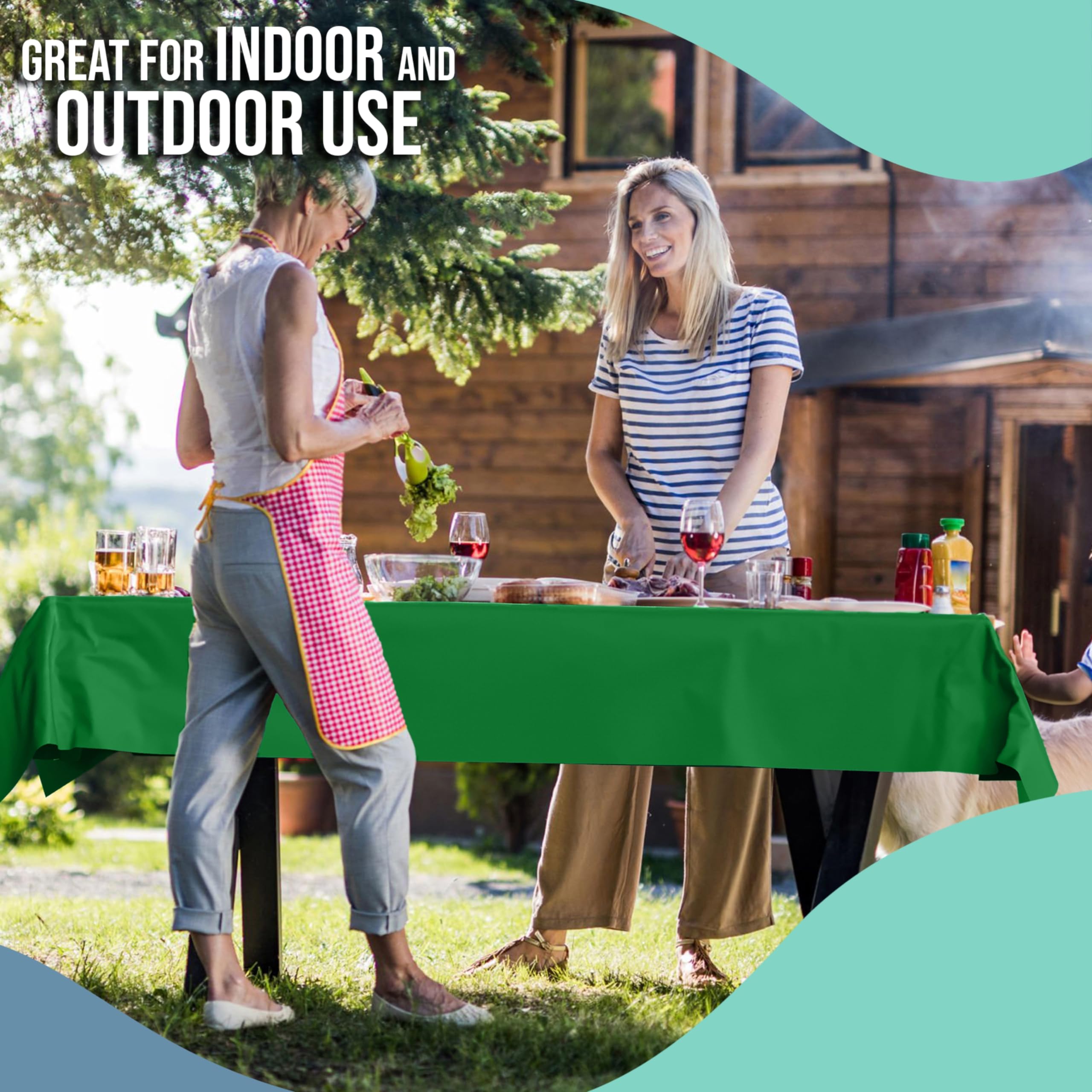 Party Solids emerald-green table cover roll on dining setup simplifies cleanup after events