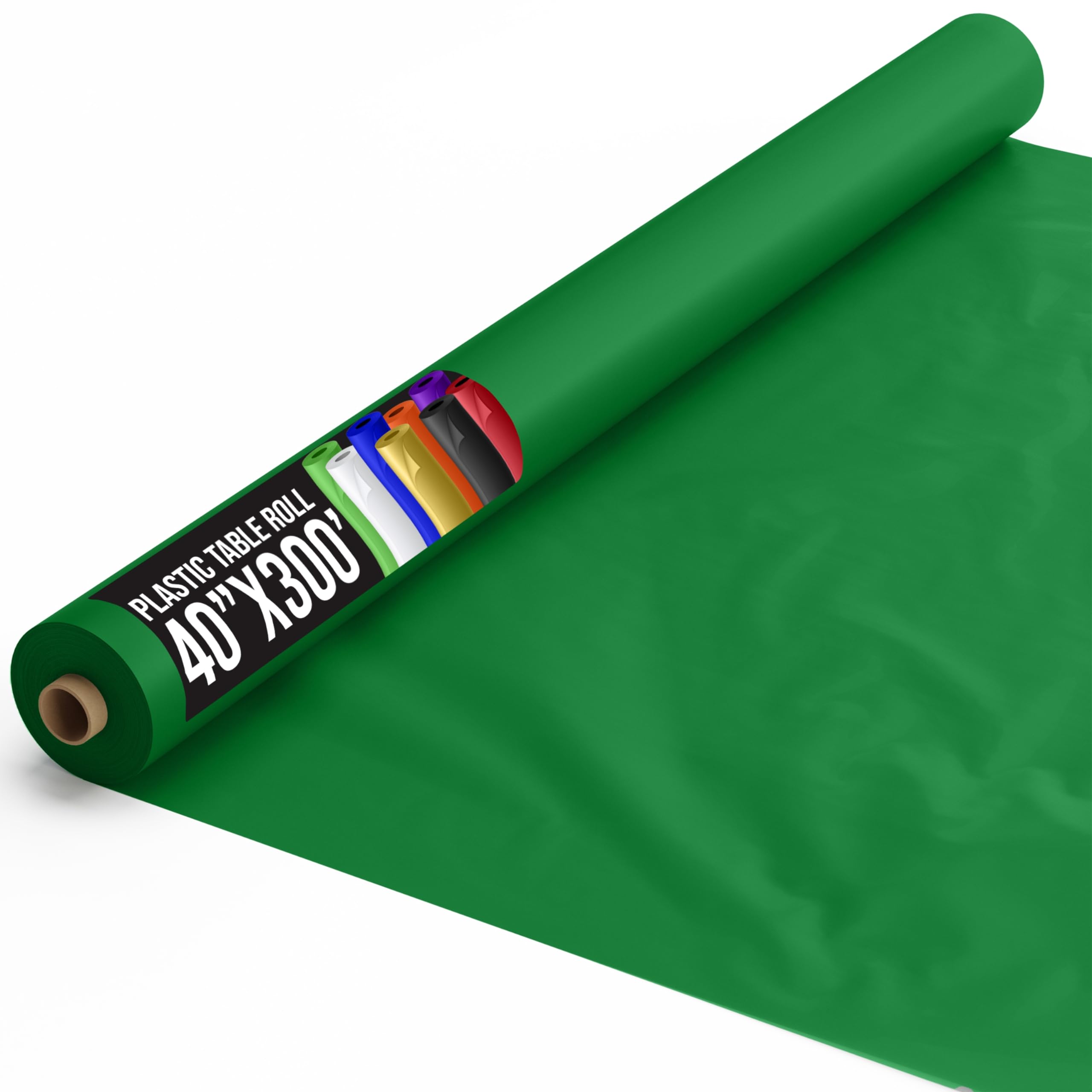 Party Solids emerald-green table cover roll unrolled on banquet table for quick protection