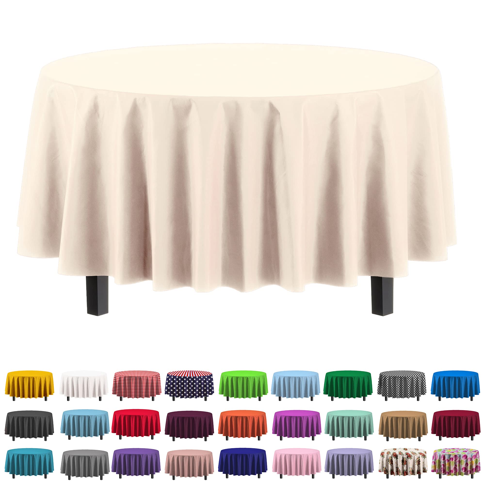 Party Solids Ivory Round 84-inch tablecloth protects tables from spills.