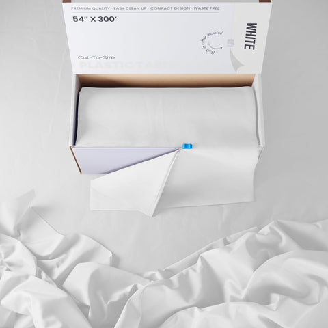 Party Solids rectangle-and-round tablecloth roll options for flexible layouts.
