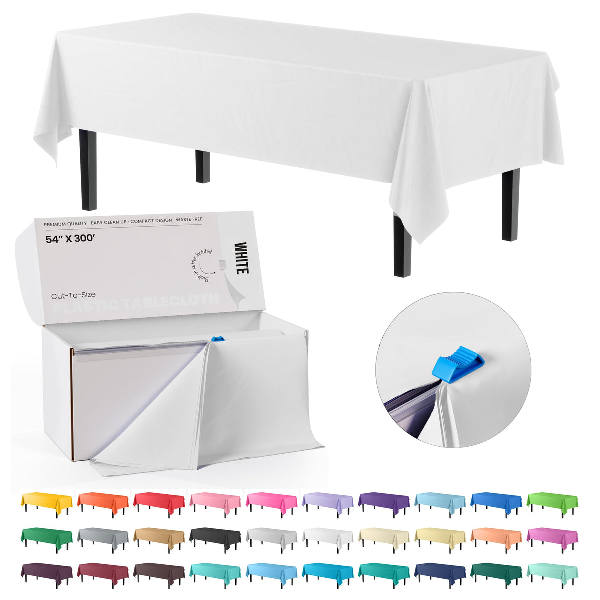 Party Solids white table cover roll in a box with slide cutter for quick sizing.