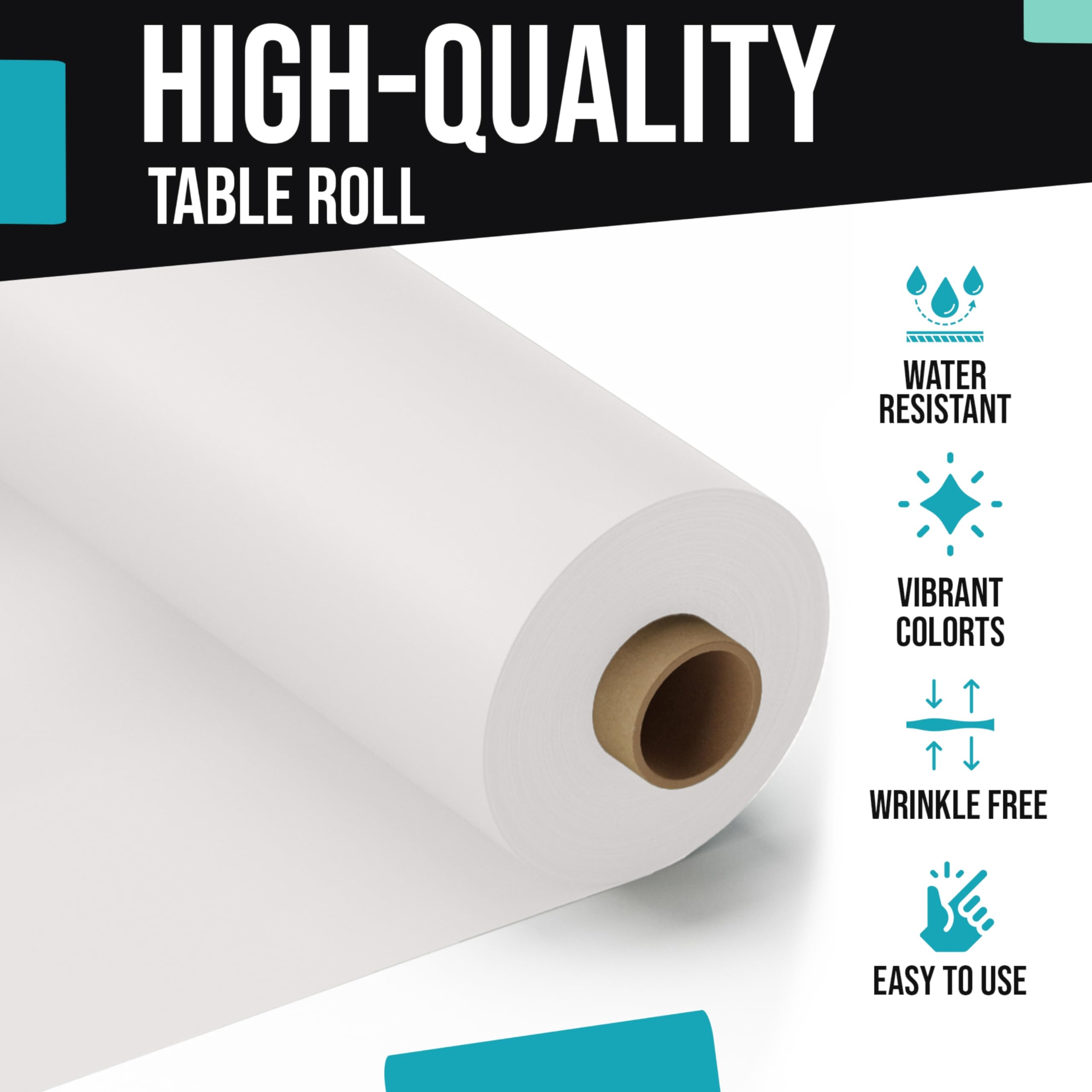 Party Solids white tablecover roll set up for quick dining.