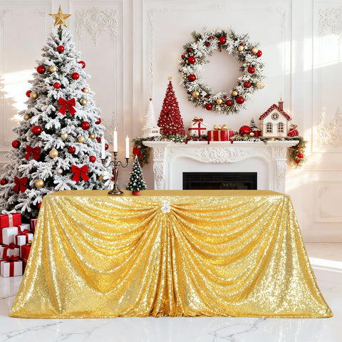 PartyDelight gold sequin tablecloth on 60x102 rectangle adds wedding sparkle and elegance
