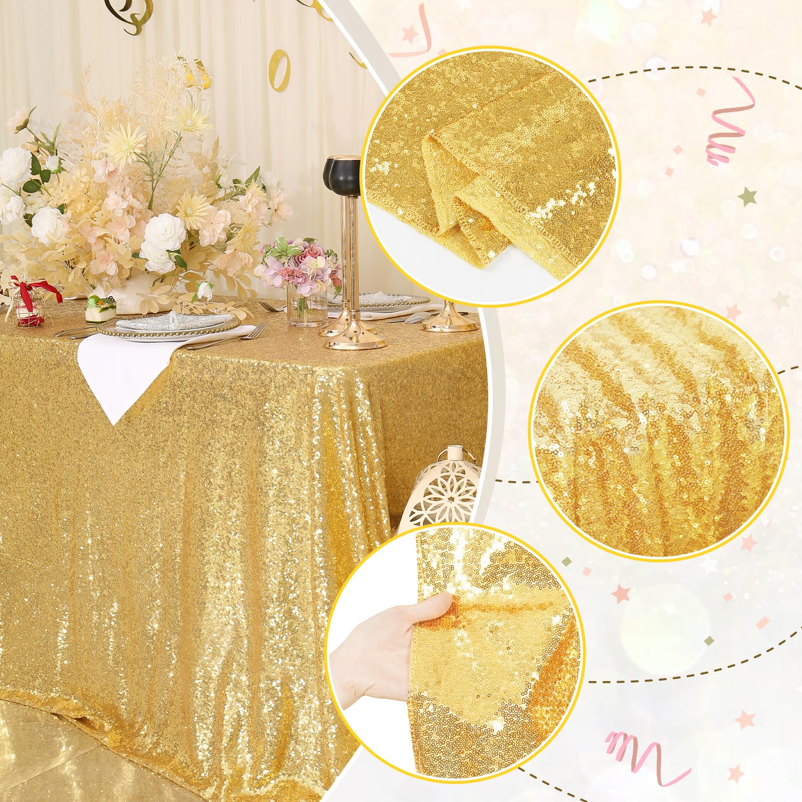 PartyDelight sequin tablecloth close-up shows dense 3mm sequins for eye-catching shimmer