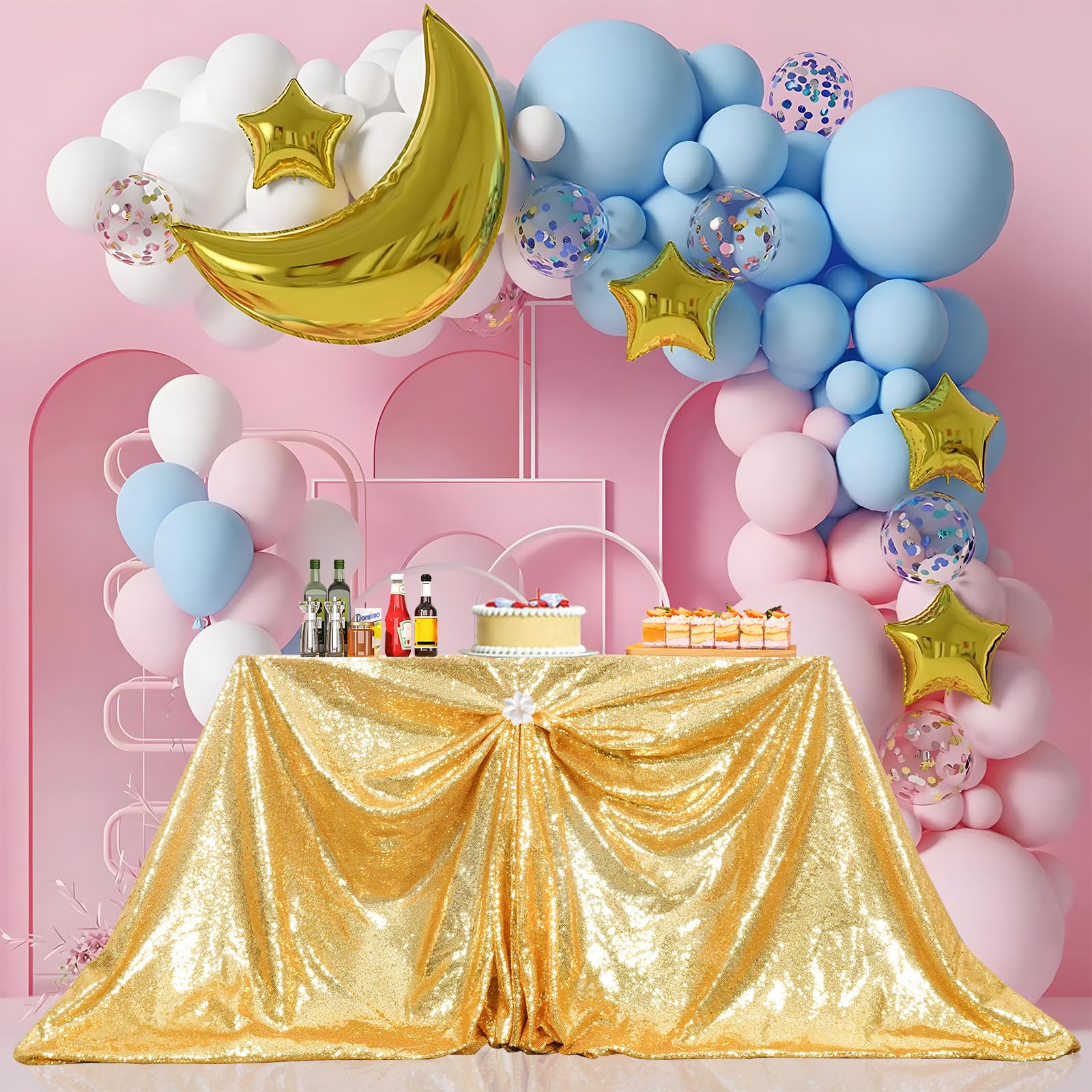 PartyDelight exhibition display shines with durable sequin tablecloth under bright lighting